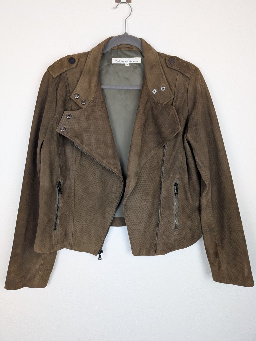 Kenneth Cole New York Jacket Suede Leather Snakeskin Brown Moto Biker Size M